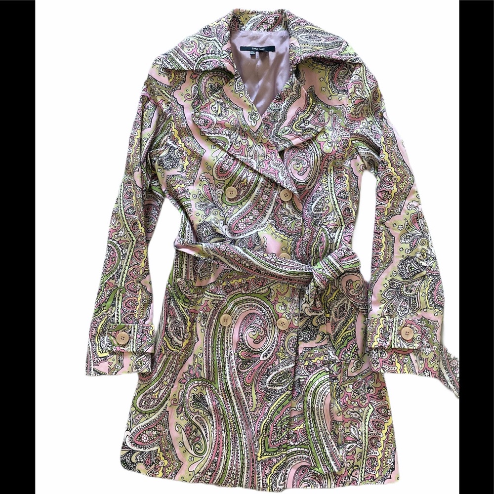 Zara Basic Pink Paisley Print Trench Coat size M